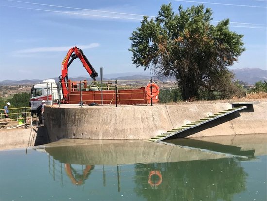 Rampa de fusta que s'ha instal·lat al canal de Balaguer per afavorir la sortida d'animals com senglars i cabirols que hi cauen