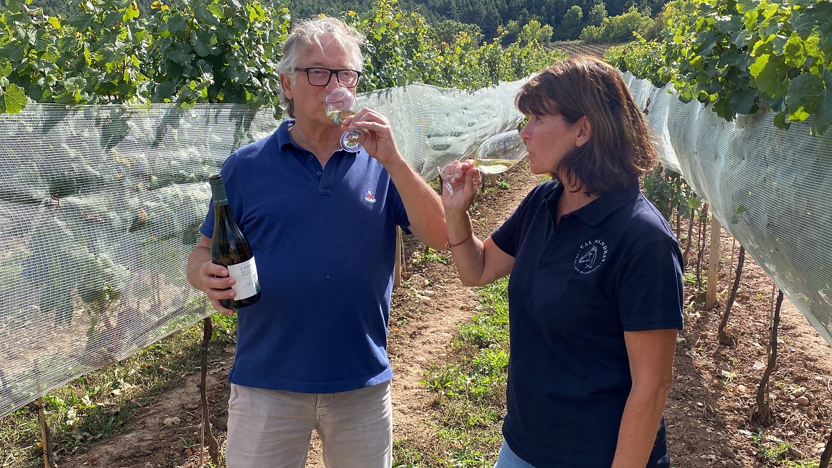 Pla mitjà dels propietaris de Cal Mandrat de Montellà i Martinet (Cerdanya), Francesc Xavier Güell i Silvia Gaminde, tastant el primer vi blanc que han tret al mercat. Imatge de l'1 d'octubre de 2021. (Horitzontal).