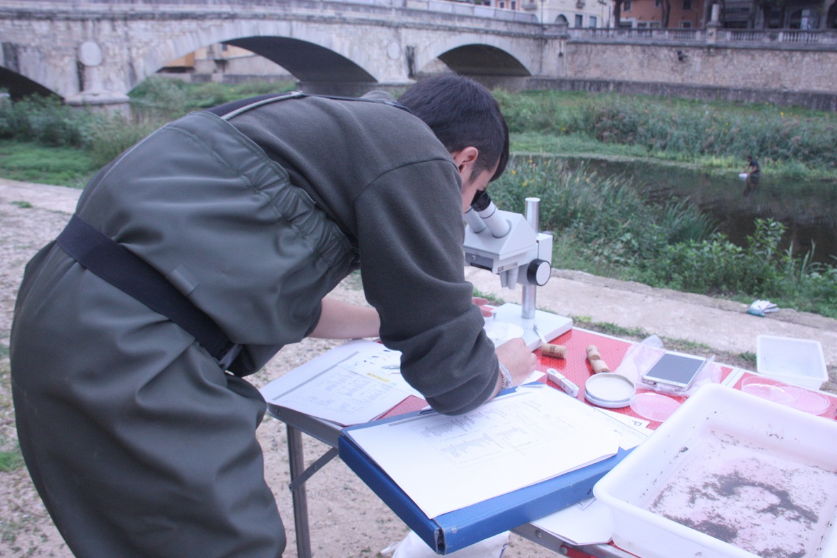Pla mitjà d'un dels membres de Naturalistes de Girona observant pel microscopi davant del riu Onyar de Girona aquest dissabte 9 d'octubre de 2021. (Horitzontal)
