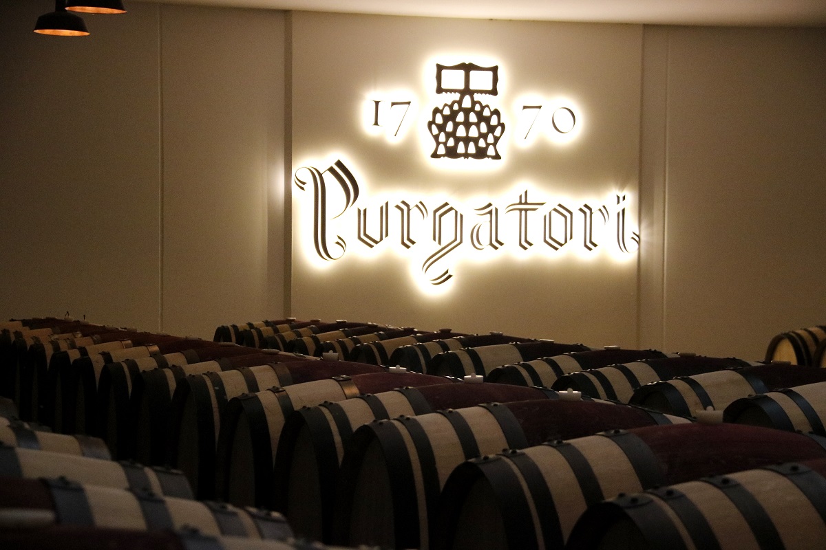 Pla mitjà on es poden veure botes de vi a la zona d'envelliment del celler Purgatori de la Família Torres, a Juneda, el 15 d'octubre de 2021. (Horitzontal)